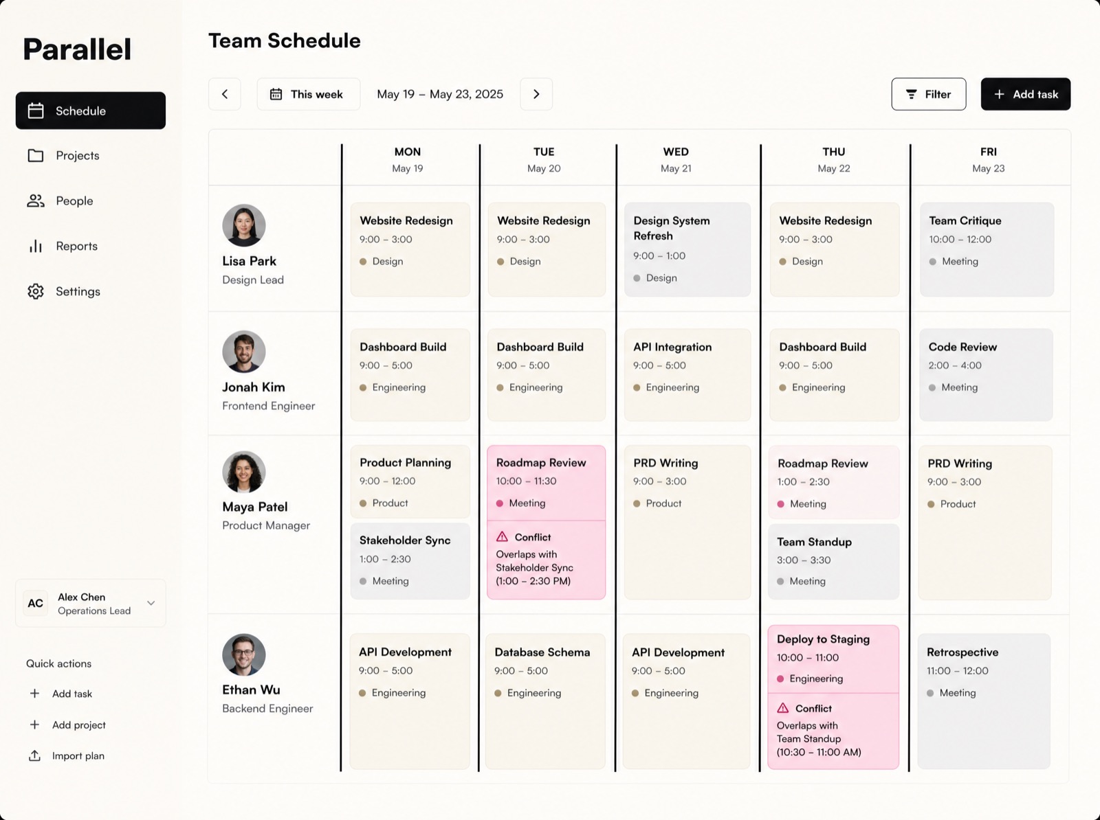 The Parallel dashboard — a week board with bold ink dividers and pink conflict flags